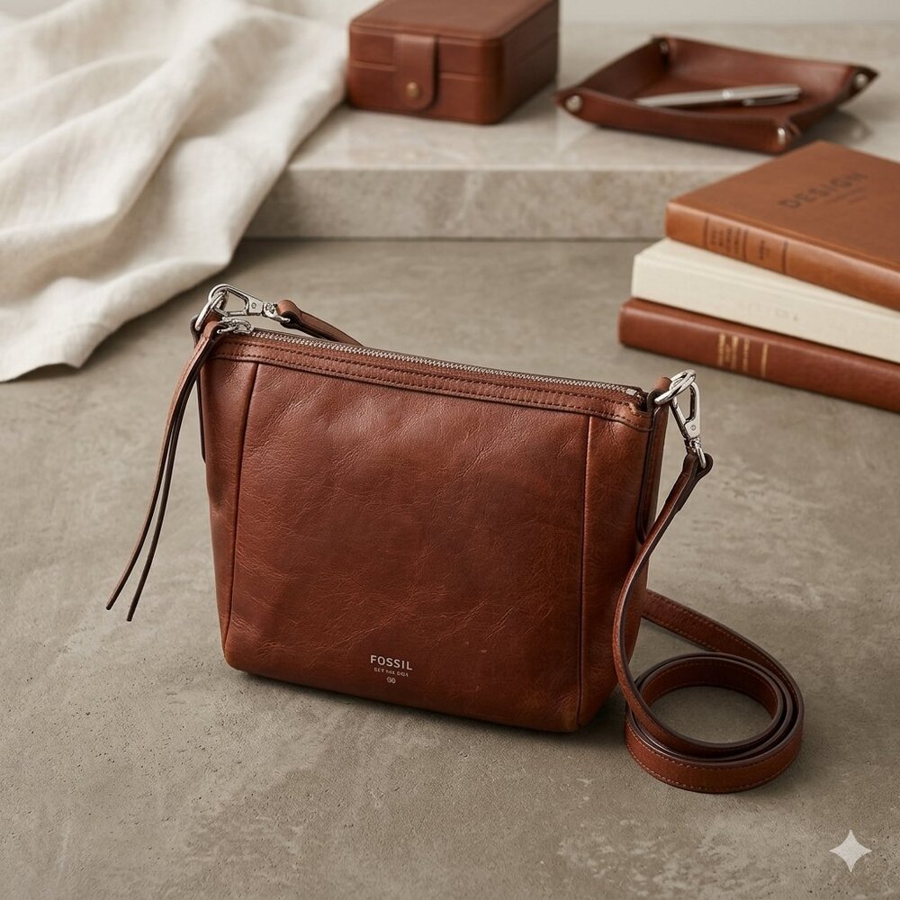 Fossil Brown Leather Crossbody Bag; AS IS